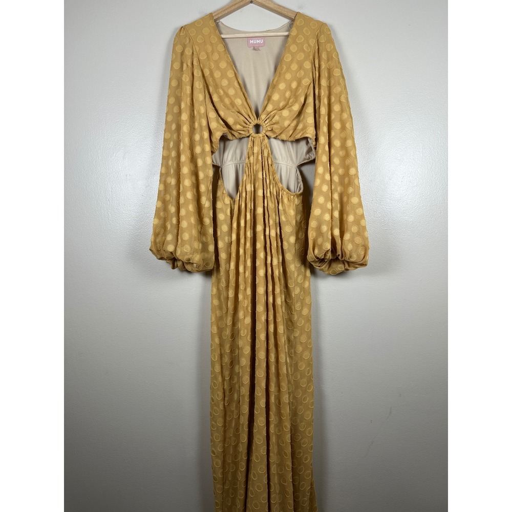 Show Me Your Mumu Women's XL Go Out Cut Out Maxi Dress Mustard Polka Dot Balloon